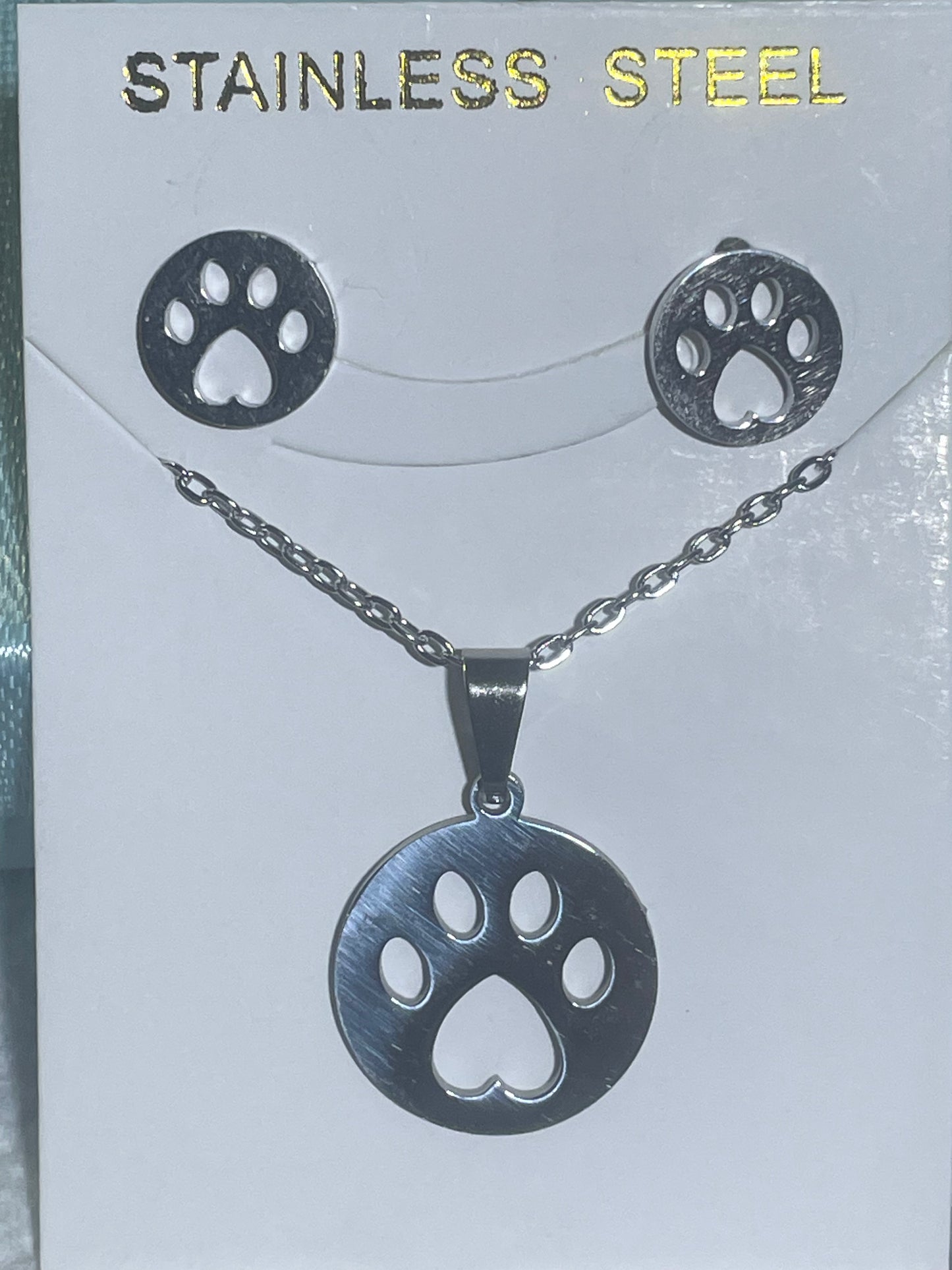 Circular Hollow Paw Stainless Steel Necklace & Earrings Set