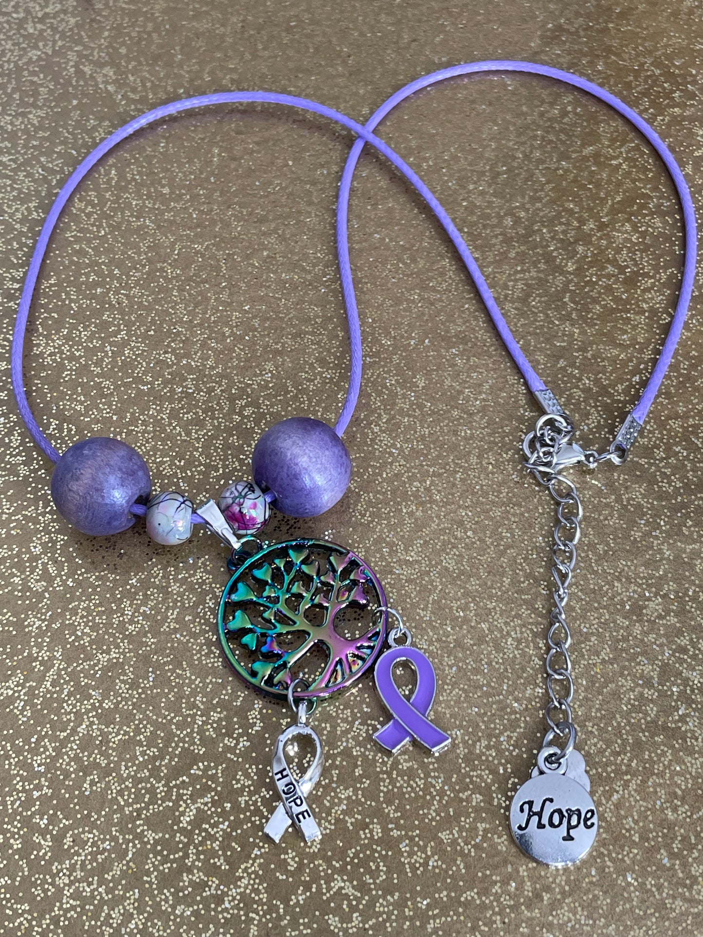 Purple Ribbon Awareness Ribbons & Butterflies on Waxed Cord Necklaces