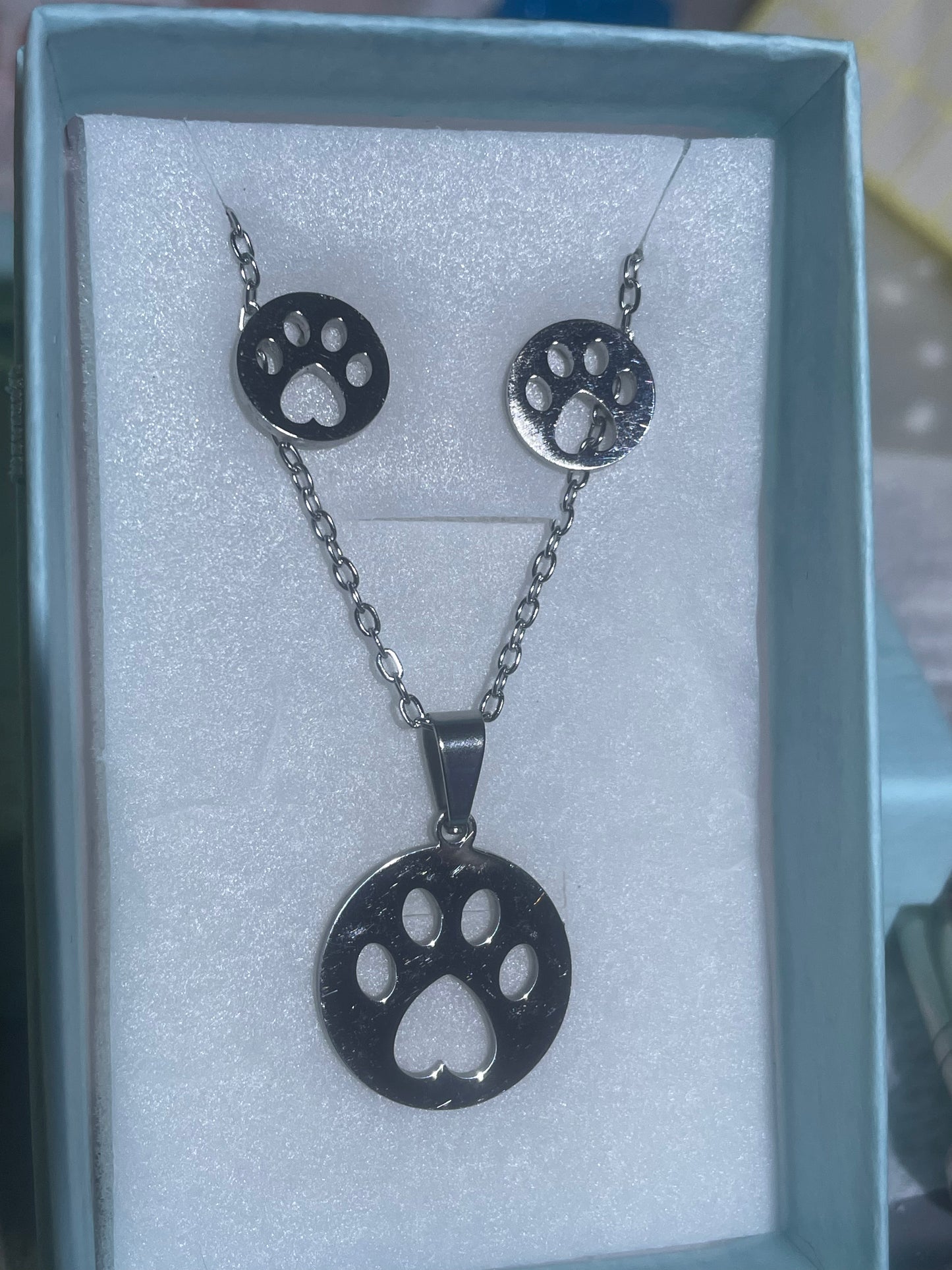 Circular Hollow Paw Stainless Steel Necklace & Earrings Set