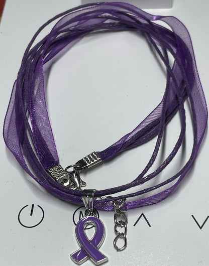 Purple Awareness Ribbons/Butterflies on an Organza & Cord Necklace