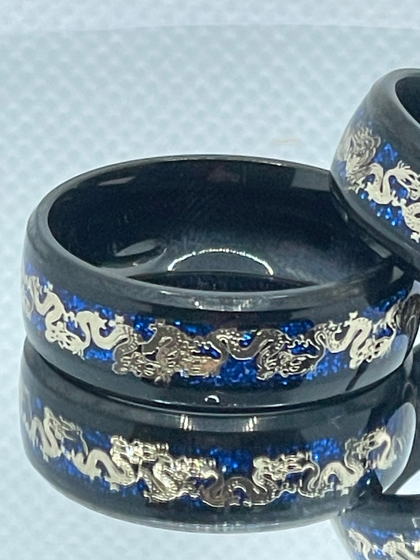 8mm Black Stainless Steel Ring Gold Dragon Detail on Glittery Blue Band