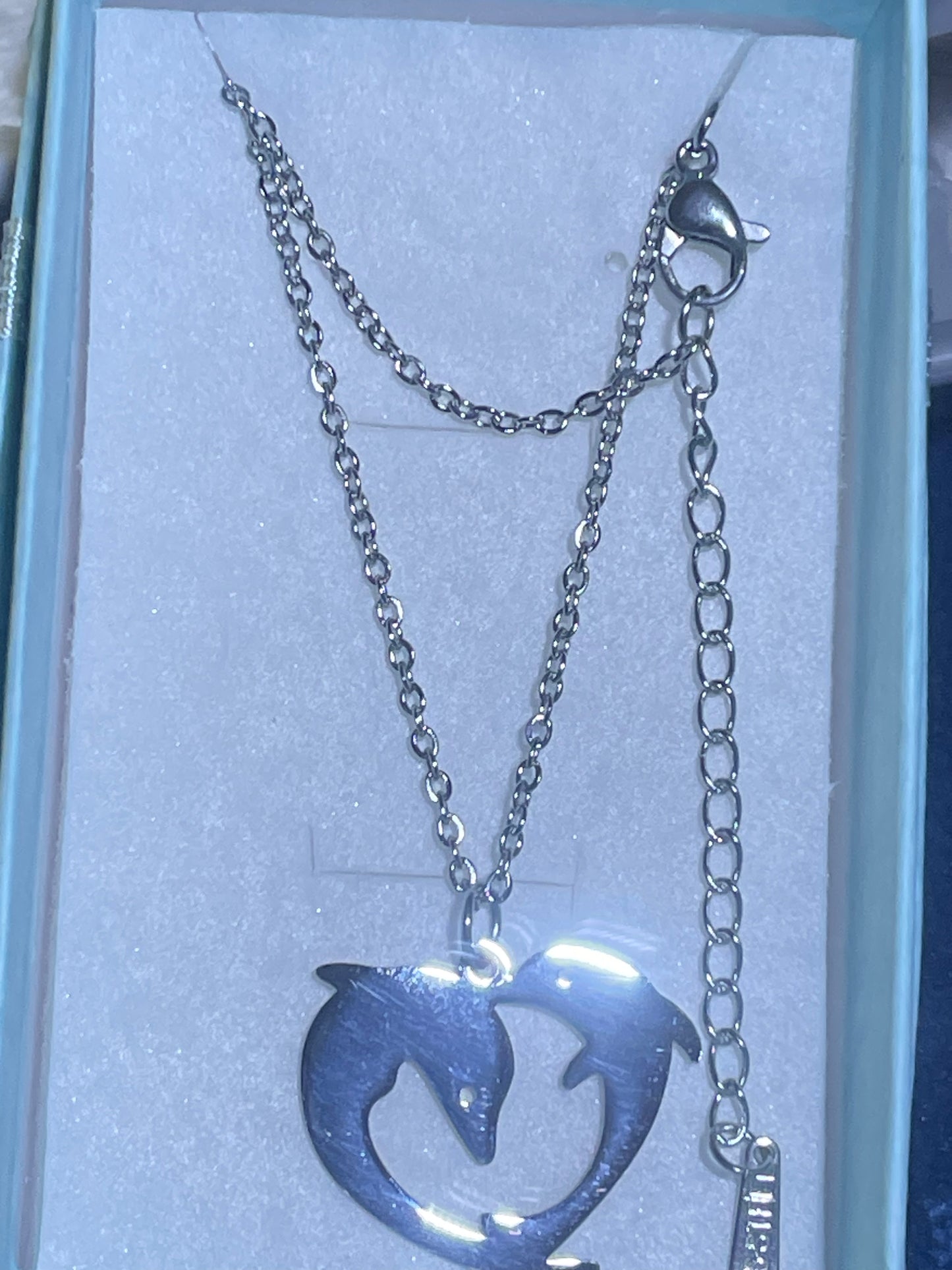 Gift Boxed Stainless Steel Heart shaped Dolphins Necklace