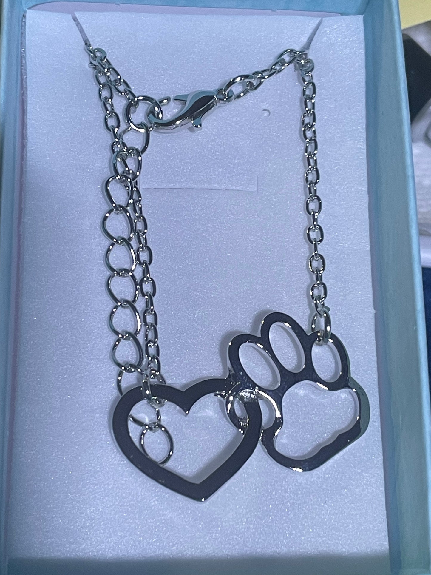 Silver Coloured Paw & Heart Pendant & Chain