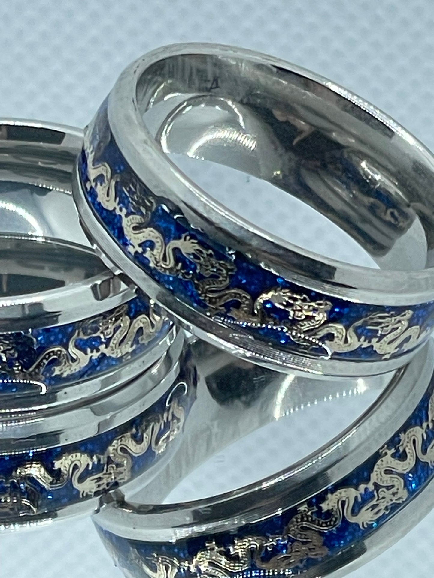 8mm Stainless Steel Ring Gold Dragon Detail on Glittery Blue Band