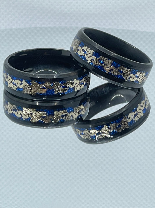 8mm Black Stainless Steel Ring Gold Dragon Detail on Glittery Blue Band