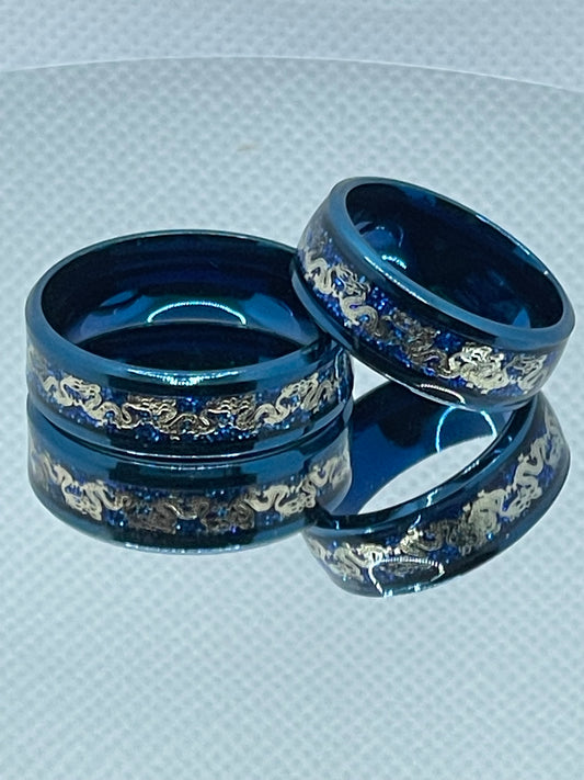 8mm Blue Stainless Steel Ring Gold Dragon Detail