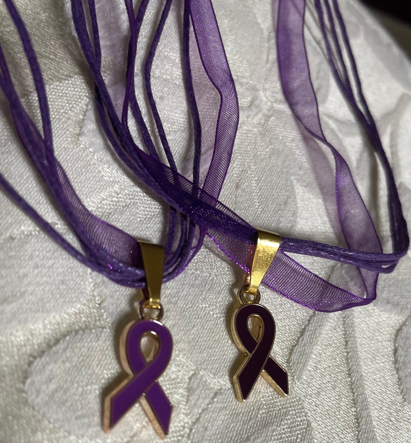 Purple Awareness Ribbons/Butterflies on an Organza & Cord Necklace