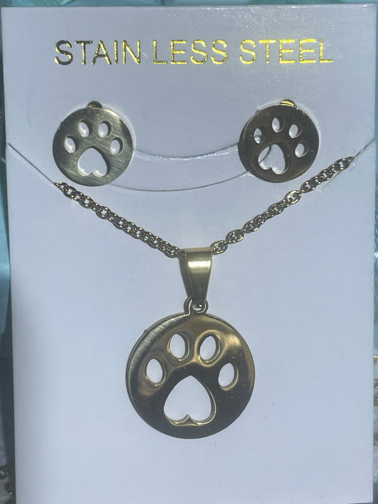 Circular Hollow Paw Stainless Steel Necklace & Earrings Set