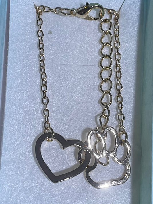 Rose Hold Coloured Paw & Heart Pendant & Chain