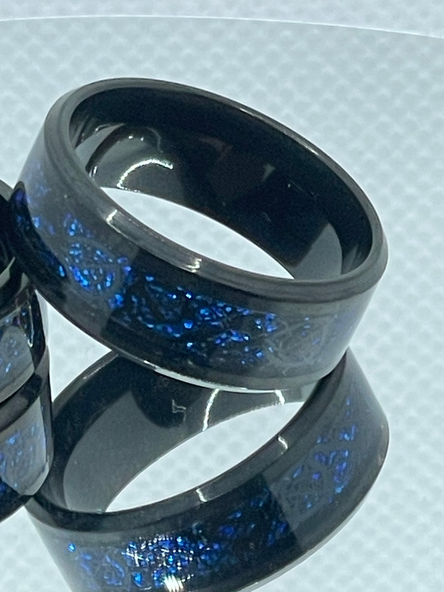 8mm Black Stainless Steel Ring with Glittery Deep Blue Band