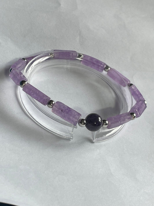 Amethyst Cuboid Gemstone Crystal Bracelet, with 8mm Round Amethyst Accent Bead