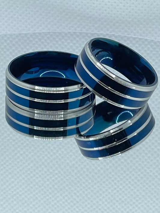 8mm Blue & Steel Colour Stainless Steel Banded Ring