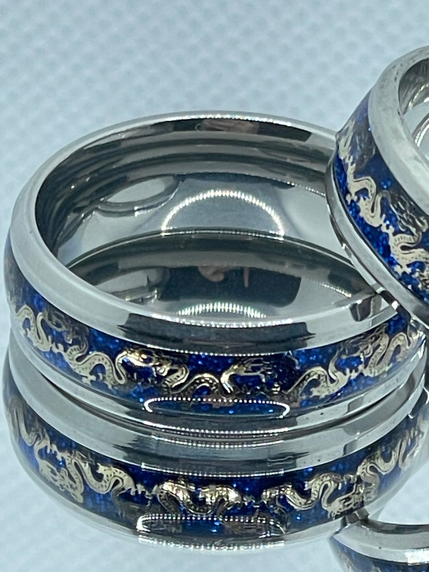 8mm Stainless Steel Ring Gold Dragon Detail on Glittery Blue Band