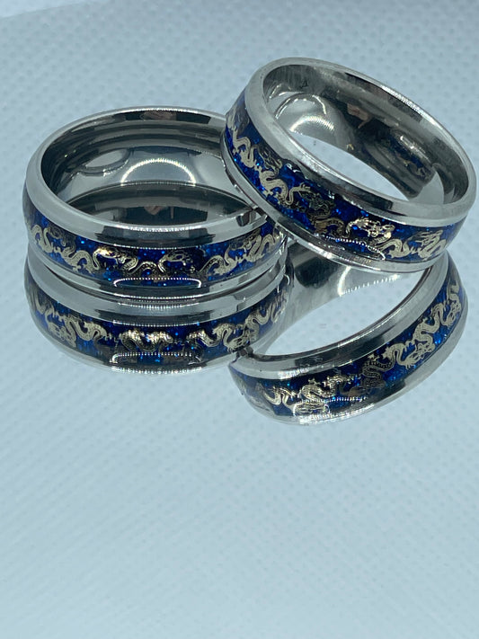 8mm Stainless Steel Ring Gold Dragon Detail on Glittery Blue Band