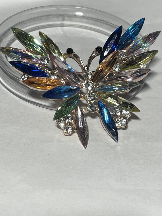 Rose Gold Coloured Mirror Backed Crystal Glass Butterfly Brooch