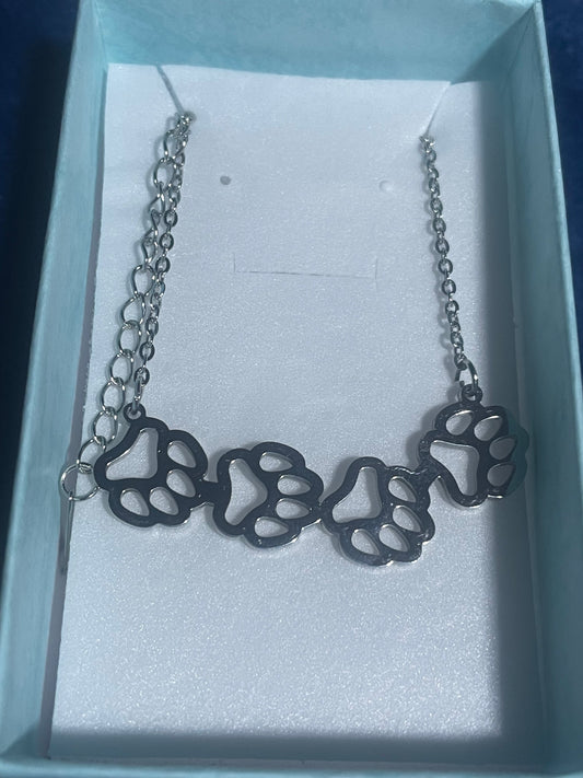 Gift Boxed 4 Paw Print Stainless Steel Necklace with Extender