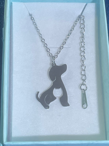 Stainless Steel Sitting Dog (Spaniel?) Pendant Necklace with Extender Gift Boxed