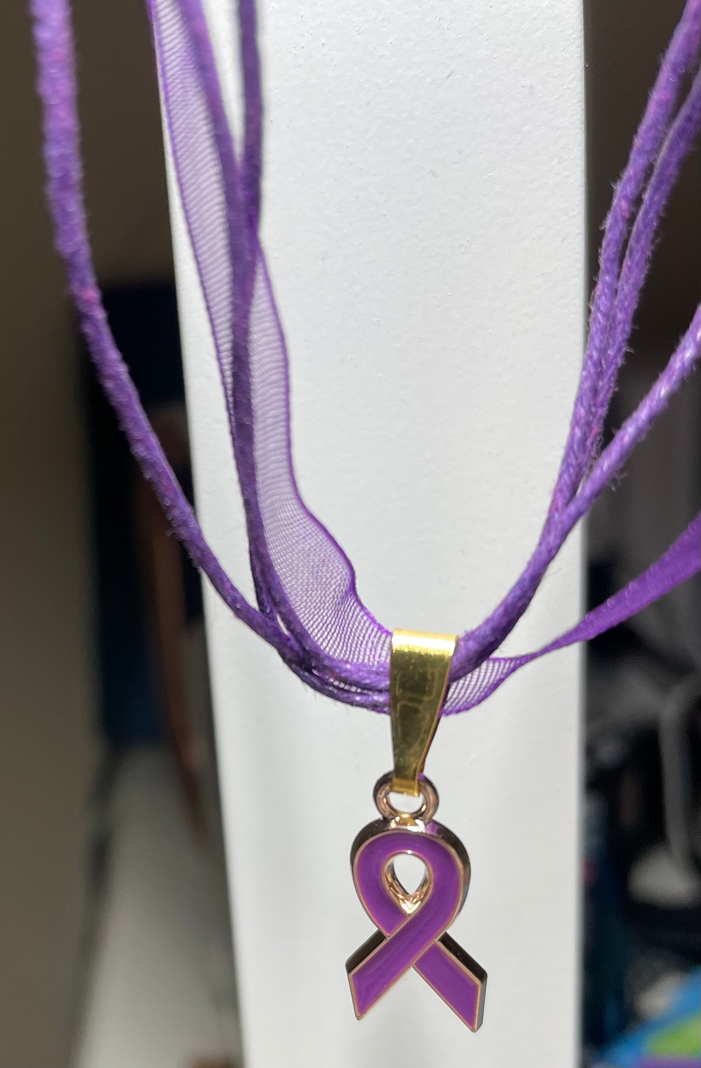 Purple Awareness Ribbons/Butterflies on an Organza & Cord Necklace