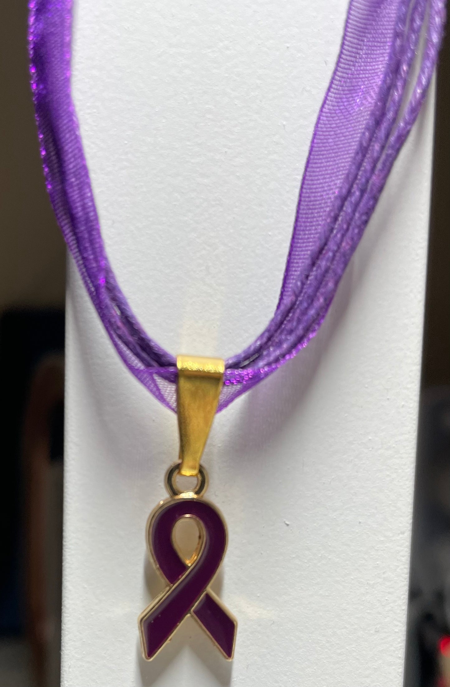 Purple Awareness Ribbons/Butterflies on an Organza & Cord Necklace