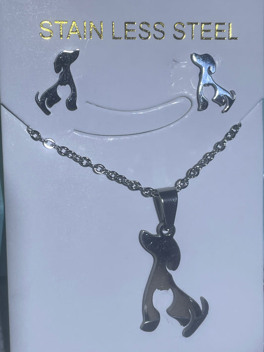 Stainless Steel Sitting Dog (Spaniel?) with a Cut Out Heart Necklace & Earring Set