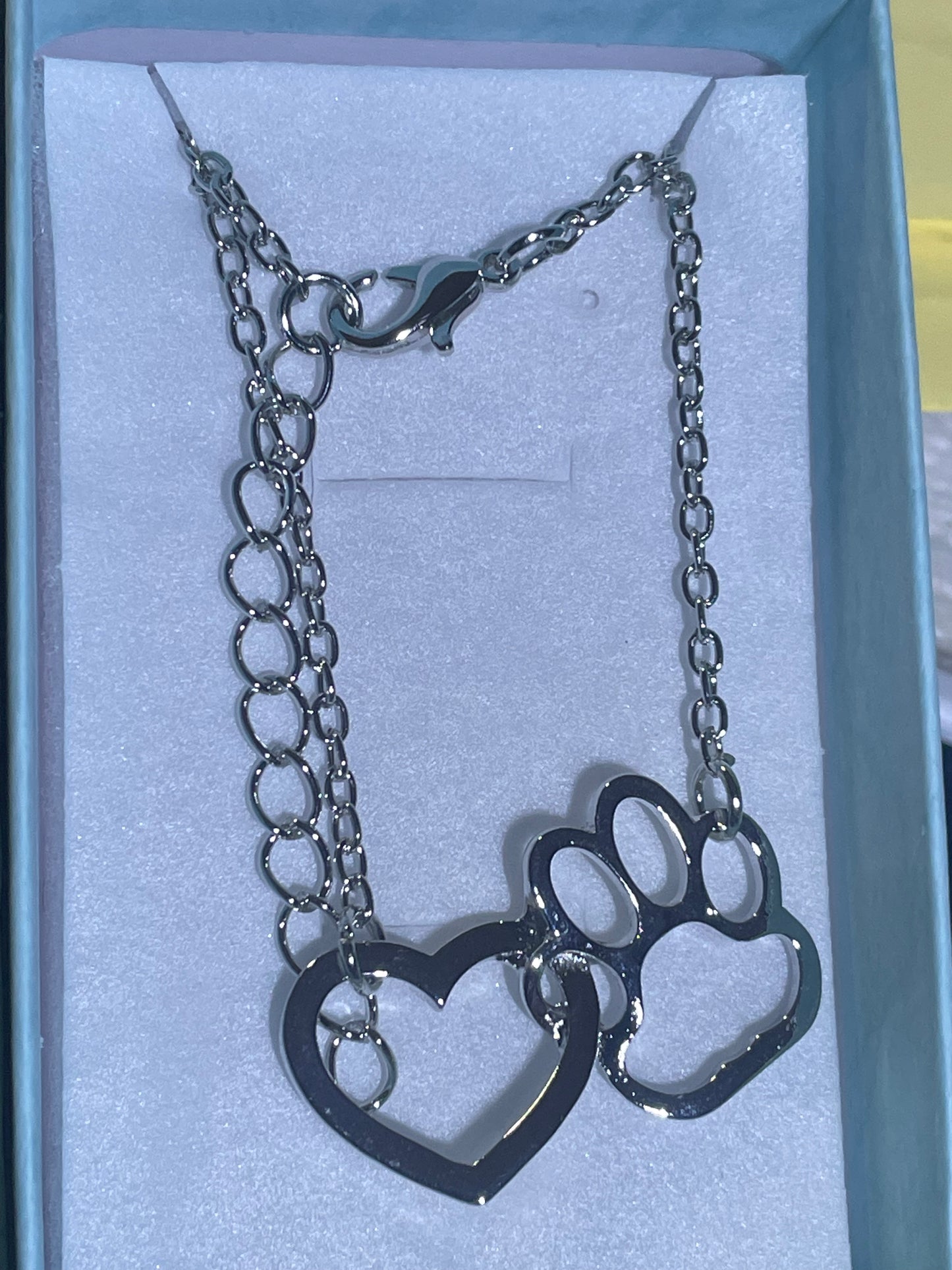 Silver Coloured Paw & Heart Pendant & Chain