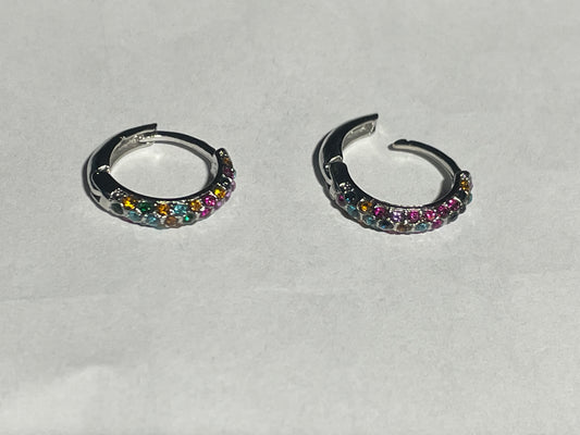 Silver Colour Hinged Hoop Earrings with multi-coloured Rhinestones