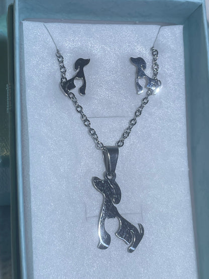 Stainless Steel Sitting Dog (Spaniel?) with a Cut Out Heart Necklace & Earring Set