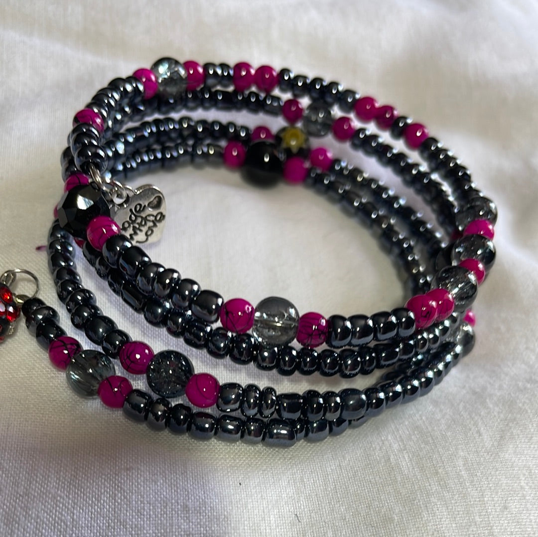 Black Memory Wire Bangle with Hot Pink Splashes