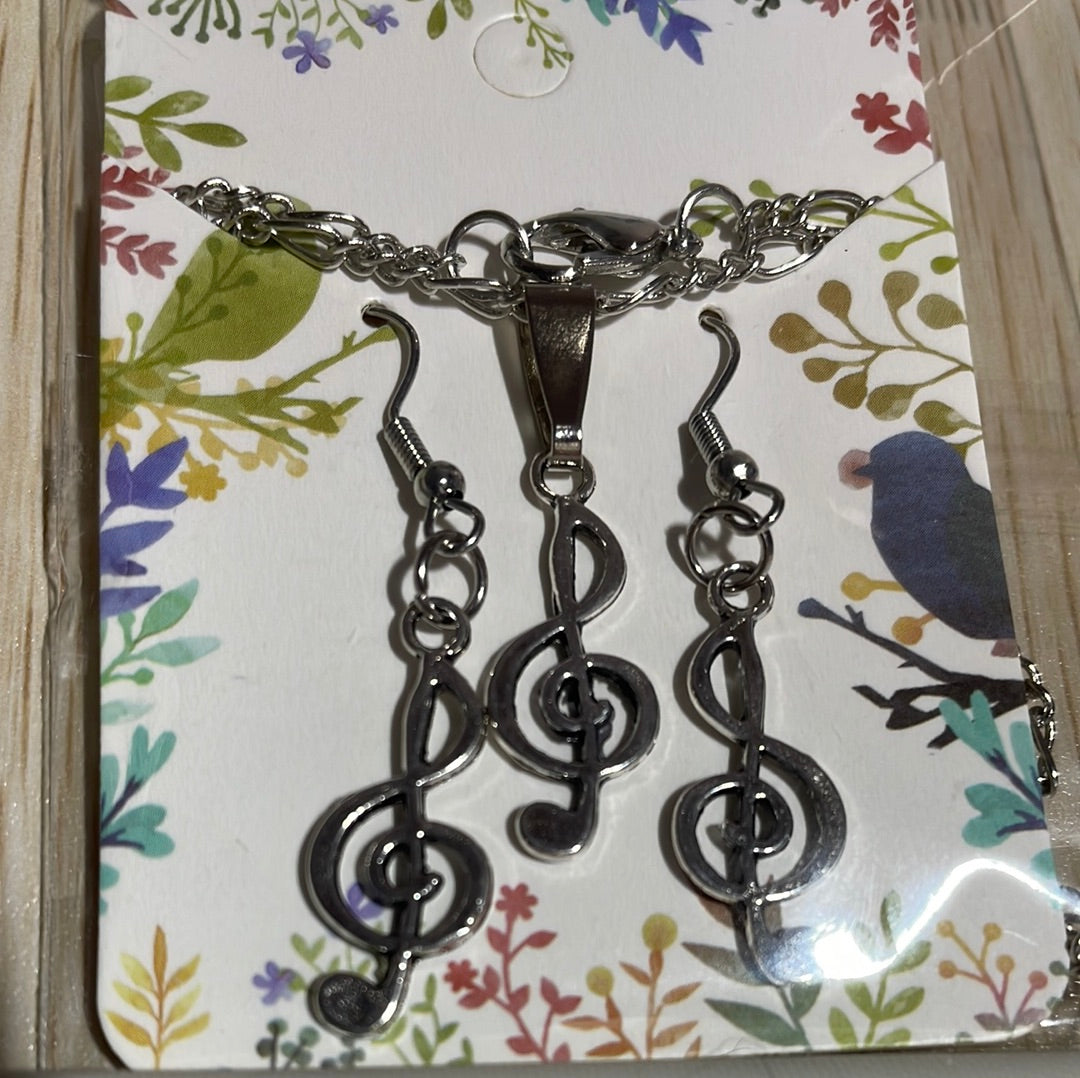 Antique Silver Treble Clef Jewellery Set - 20"