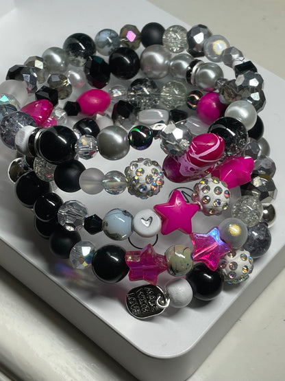 Black, White and Silver.  Czech Crystals and hot pink accents