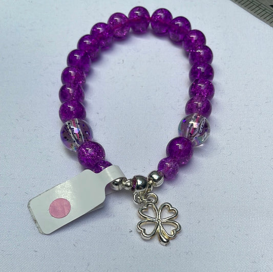 Purple Crackle Glass with 4 leaf  Clover Charm