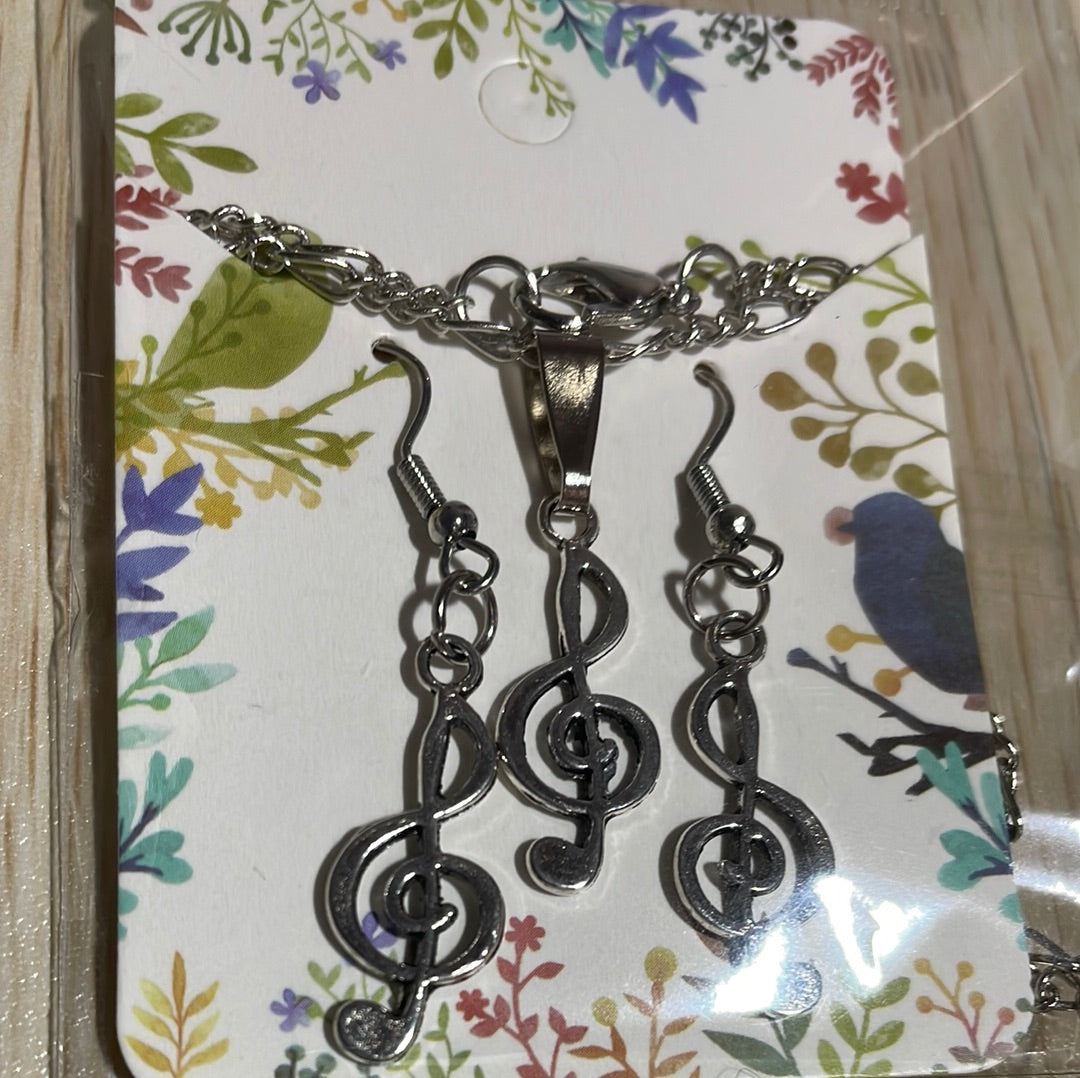 Antique Silver Treble Clef Jewellery Set - 20"