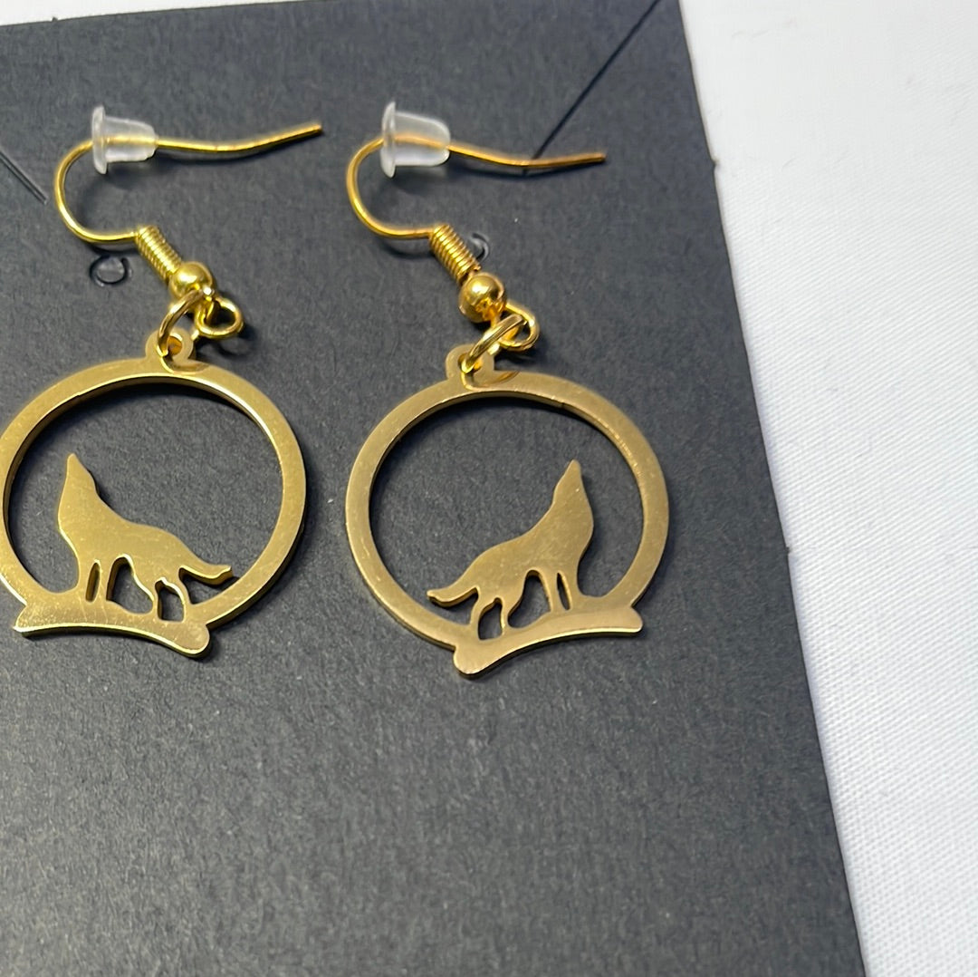 Gold Plated Steel Wolf Earrings