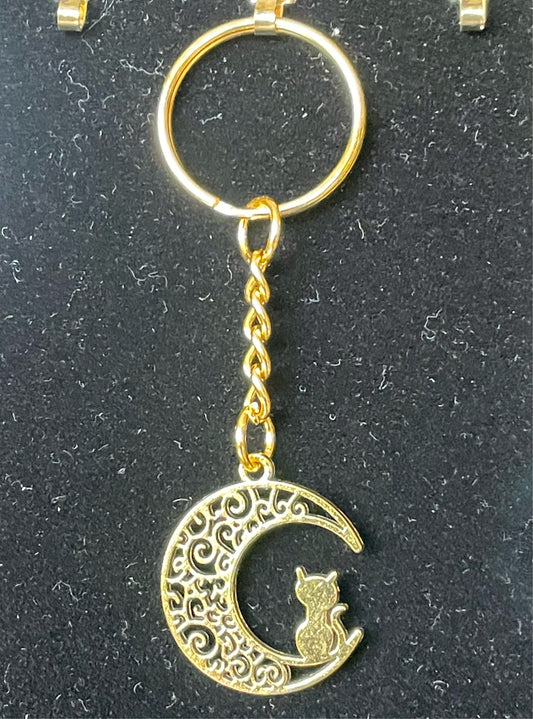 Cat in a Crescent Moon Key Ring