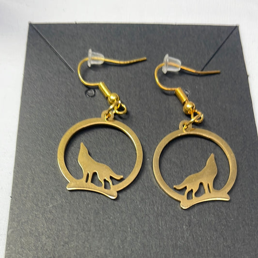 Gold Plated Steel Wolf Earrings