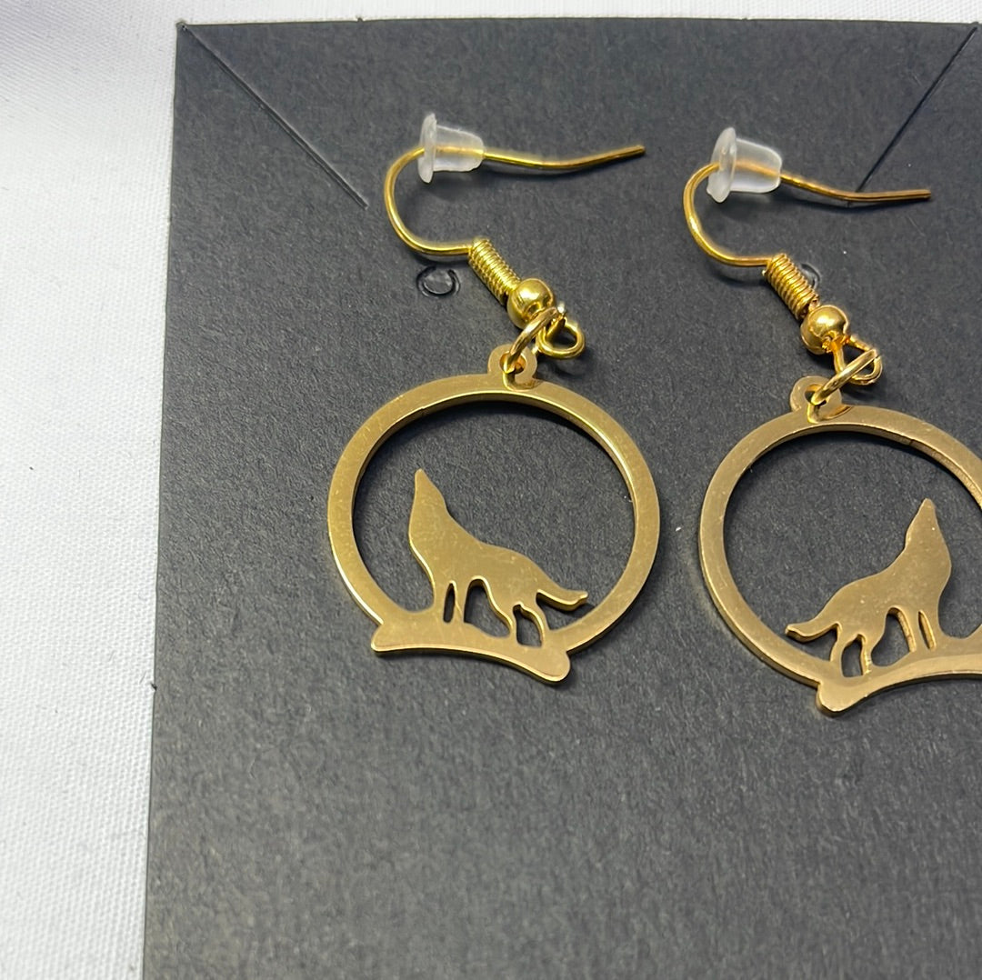 Gold Plated Steel Wolf Earrings