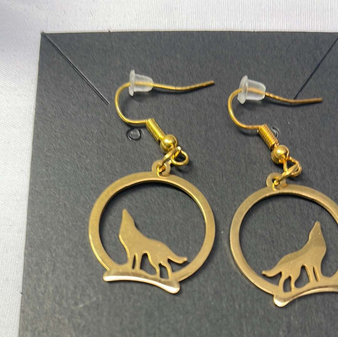 Gold Plated Steel Wolf Earrings