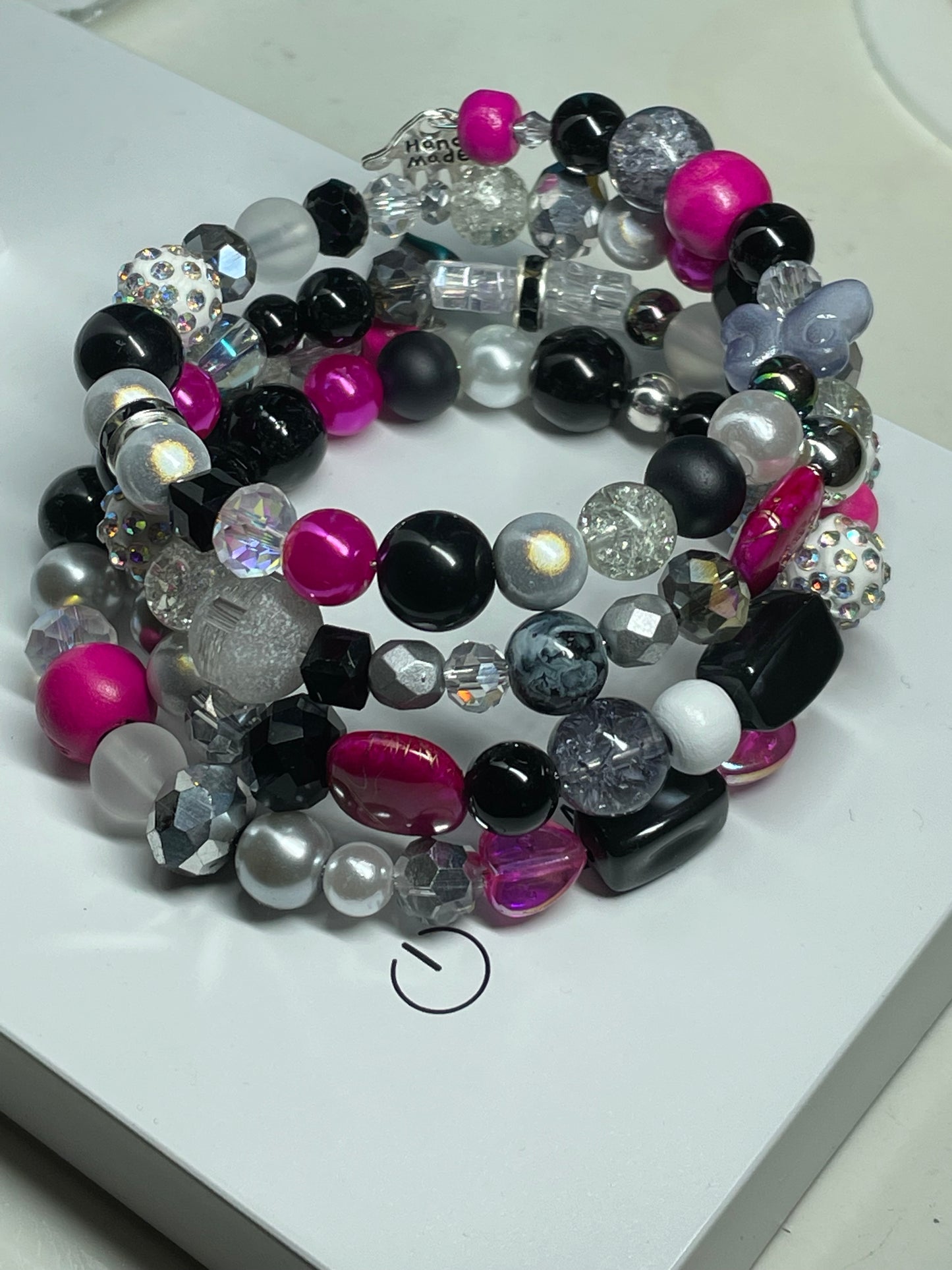 Black, White and Silver.  Czech Crystals and hot pink accents