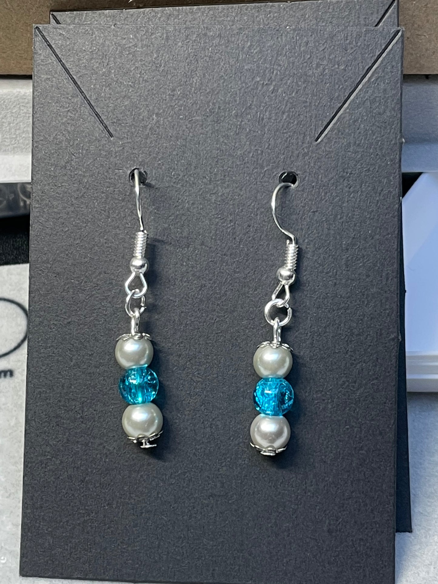 Crackle Glass and Imitation Pearl Silver Plated Earrings