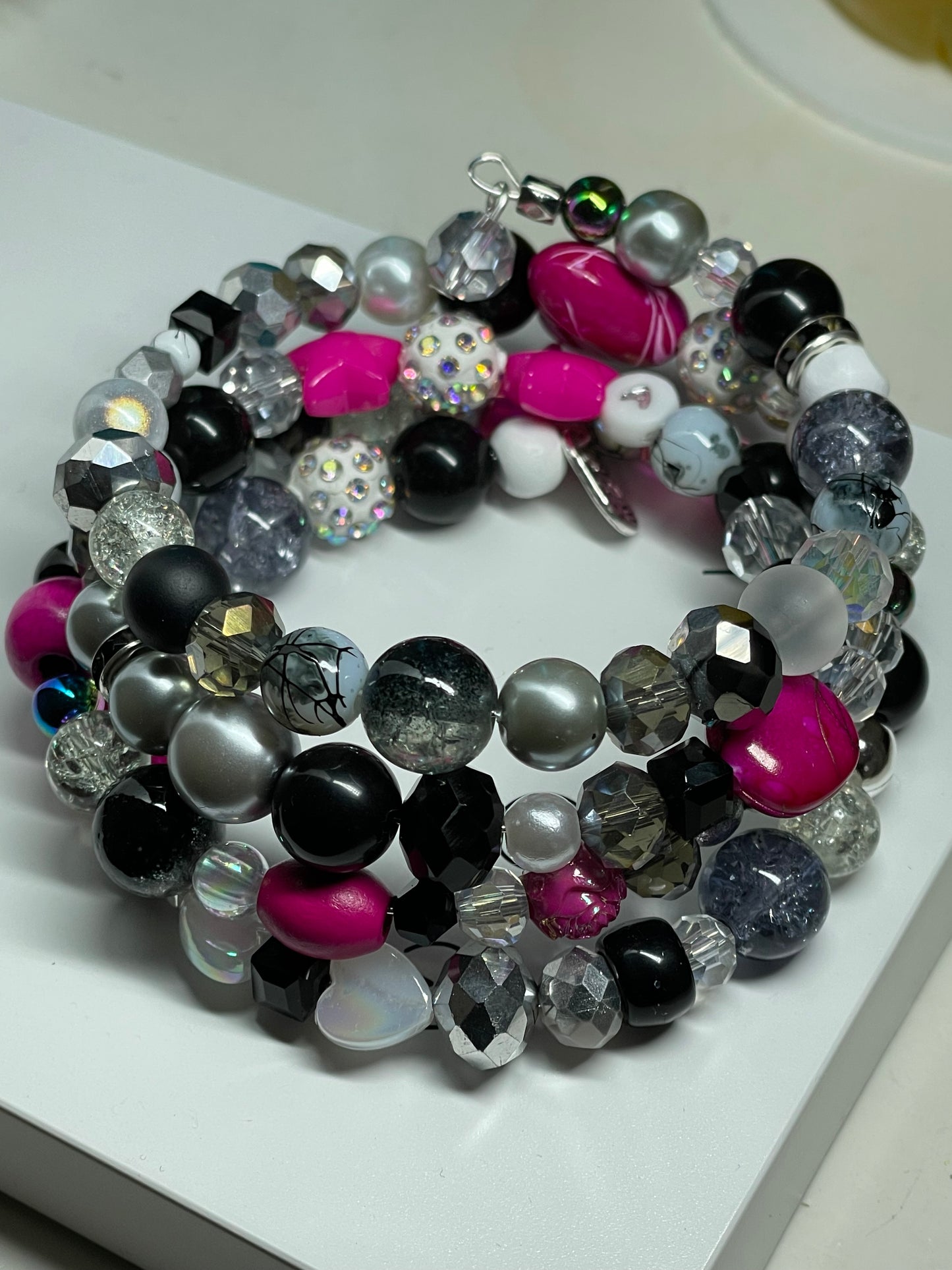 Black, White and Silver.  Czech Crystals and hot pink accents