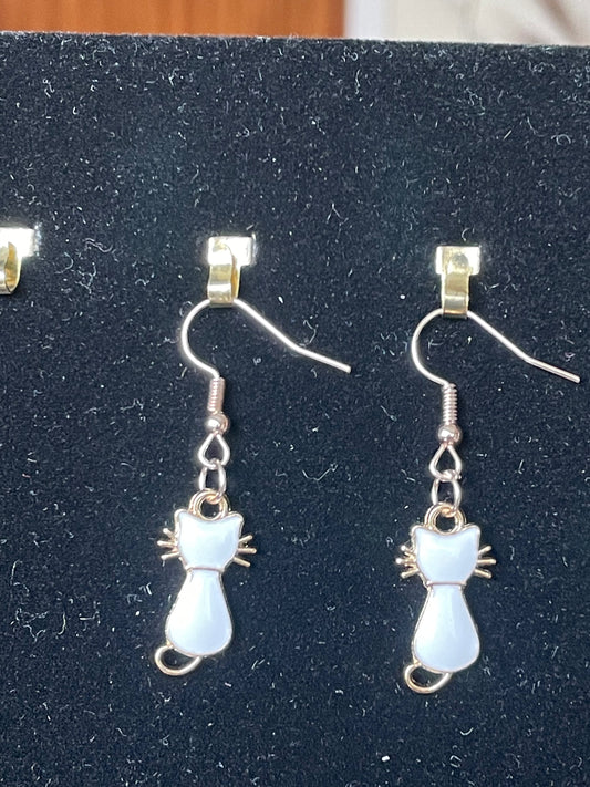 White Enamelled Cat Earrings