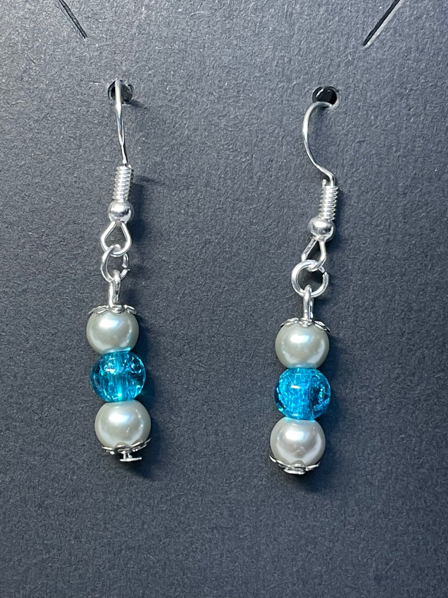 Crackle Glass and Imitation Pearl Silver Plated Earrings