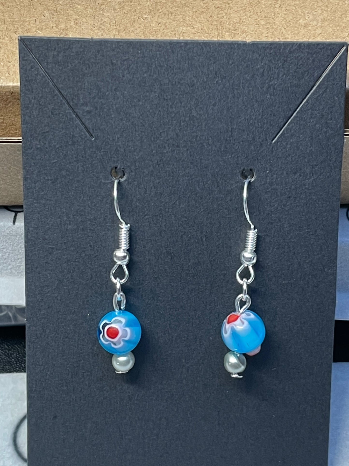 Glass and Imitation Pearl Silver Plated Earrings