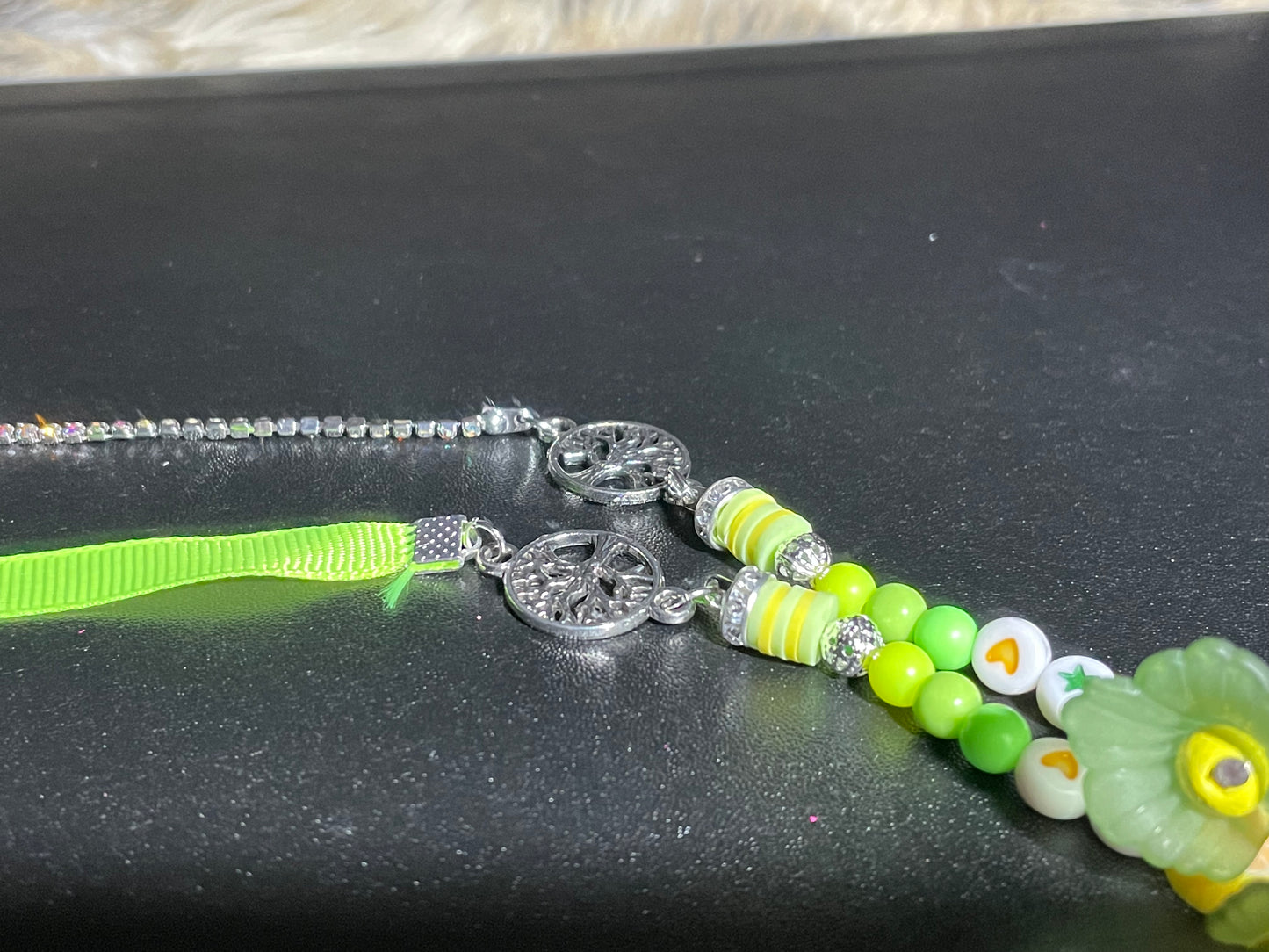 Lemon & Lime Green Ribbon & Tree of Life Necklace